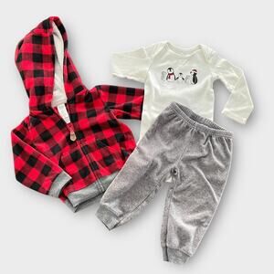 Baby 3-Piece Fleece Outfit Buffalo Plaid Hoodie, Penguin Tee Gray Pants Sz 12mos
